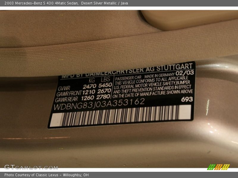 2003 S 430 4Matic Sedan Desert Silver Metallic Color Code 693