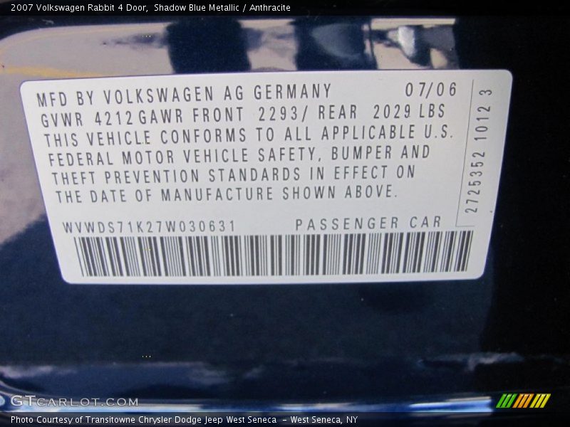 Shadow Blue Metallic / Anthracite 2007 Volkswagen Rabbit 4 Door