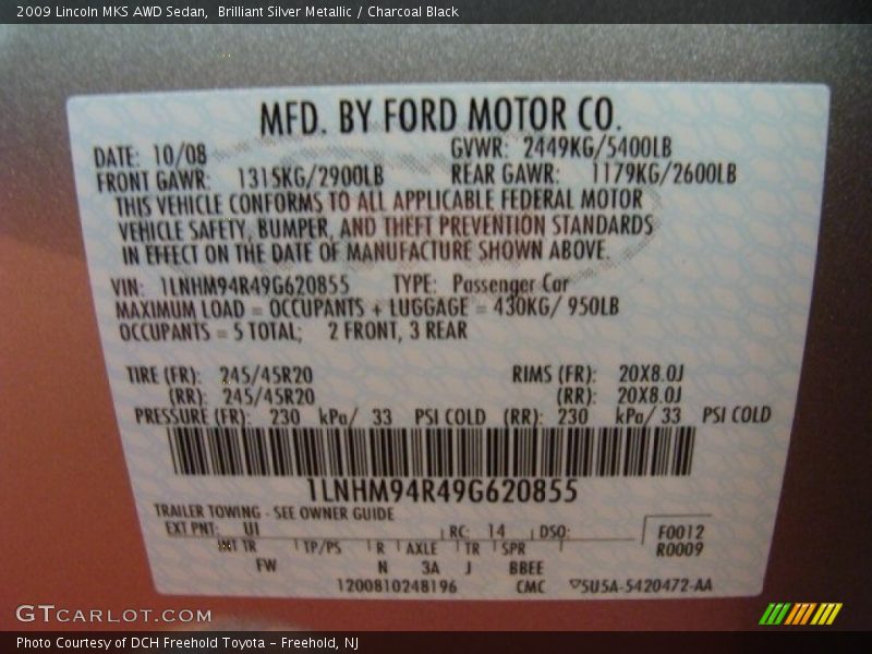 Brilliant Silver Metallic / Charcoal Black 2009 Lincoln MKS AWD Sedan