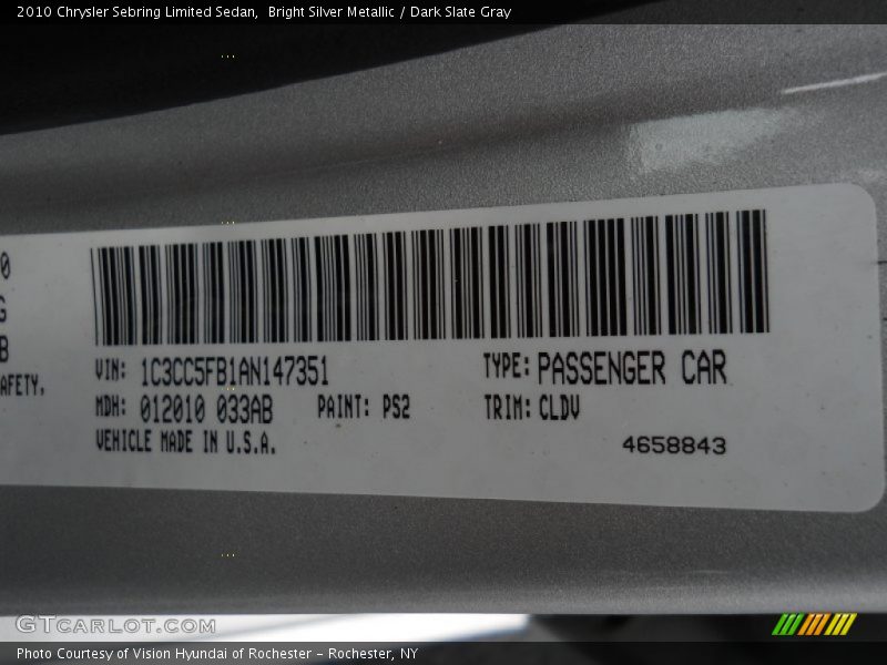 Bright Silver Metallic / Dark Slate Gray 2010 Chrysler Sebring Limited Sedan