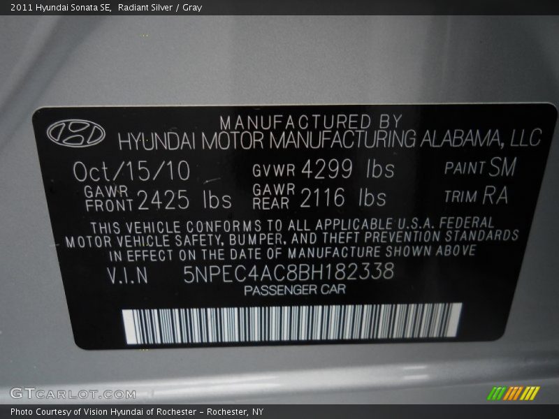 Radiant Silver / Gray 2011 Hyundai Sonata SE