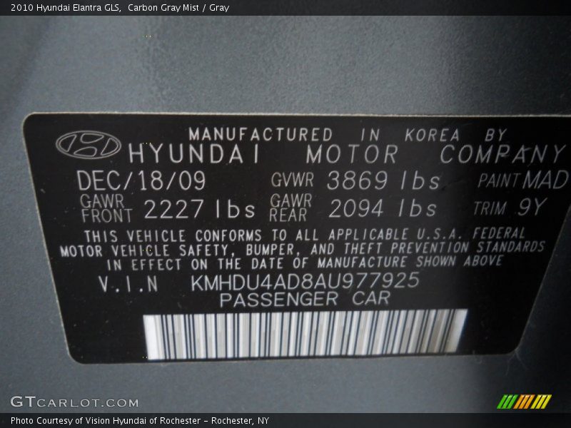 Carbon Gray Mist / Gray 2010 Hyundai Elantra GLS