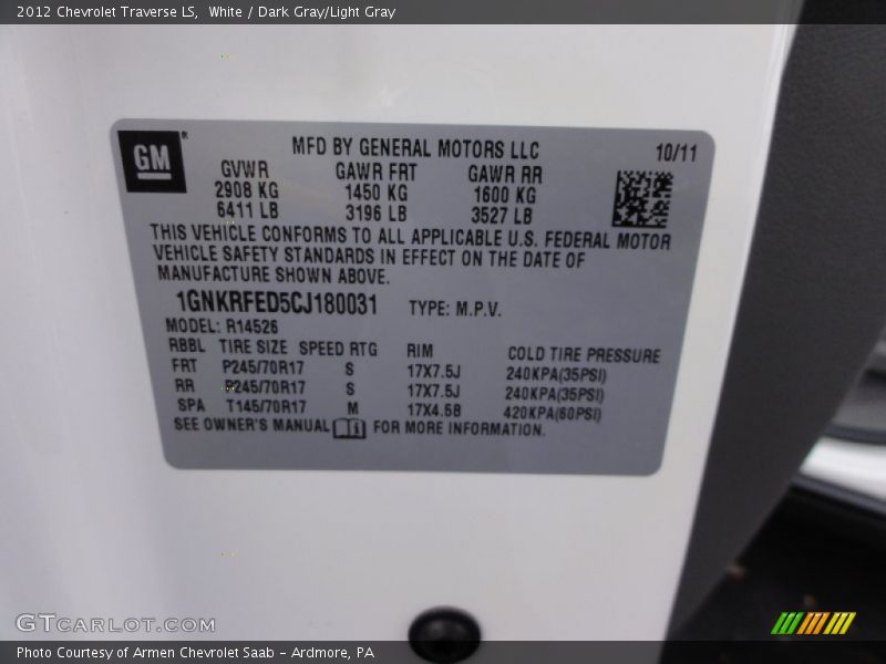 White / Dark Gray/Light Gray 2012 Chevrolet Traverse LS