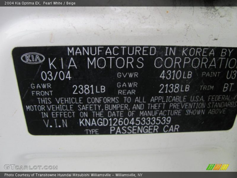 Pearl White / Beige 2004 Kia Optima EX