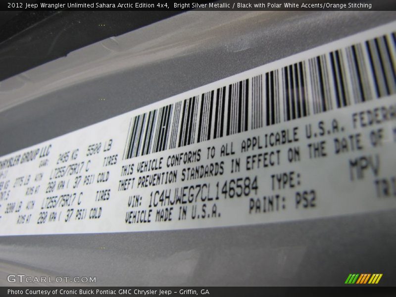 2012 Wrangler Unlimited Sahara Arctic Edition 4x4 Bright Silver Metallic Color Code PS2