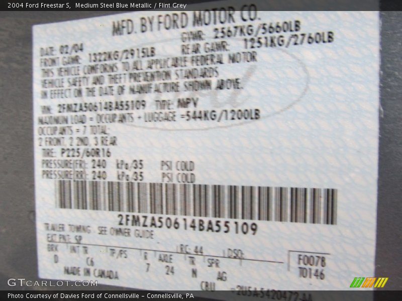 2004 Freestar S Medium Steel Blue Metallic Color Code SP