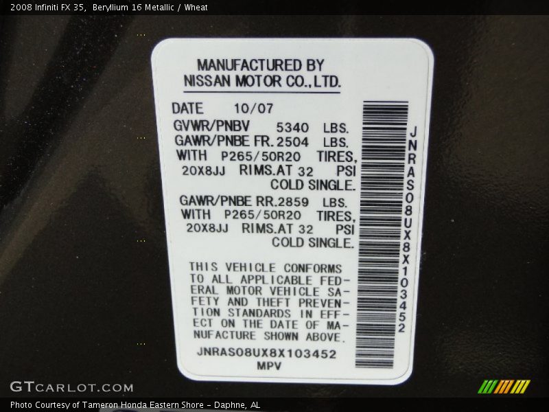 Beryllium 16 Metallic / Wheat 2008 Infiniti FX 35