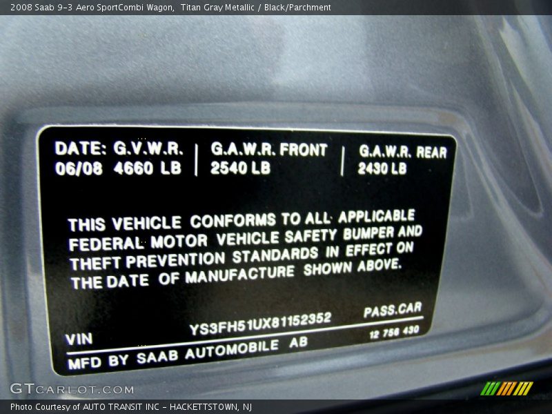 Info Tag of 2008 9-3 Aero SportCombi Wagon