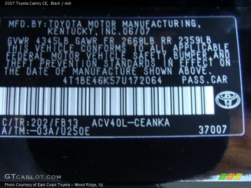 Black / Ash 2007 Toyota Camry CE