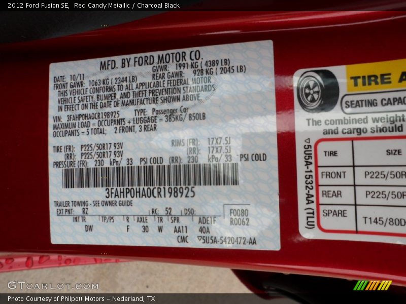 Red Candy Metallic / Charcoal Black 2012 Ford Fusion SE