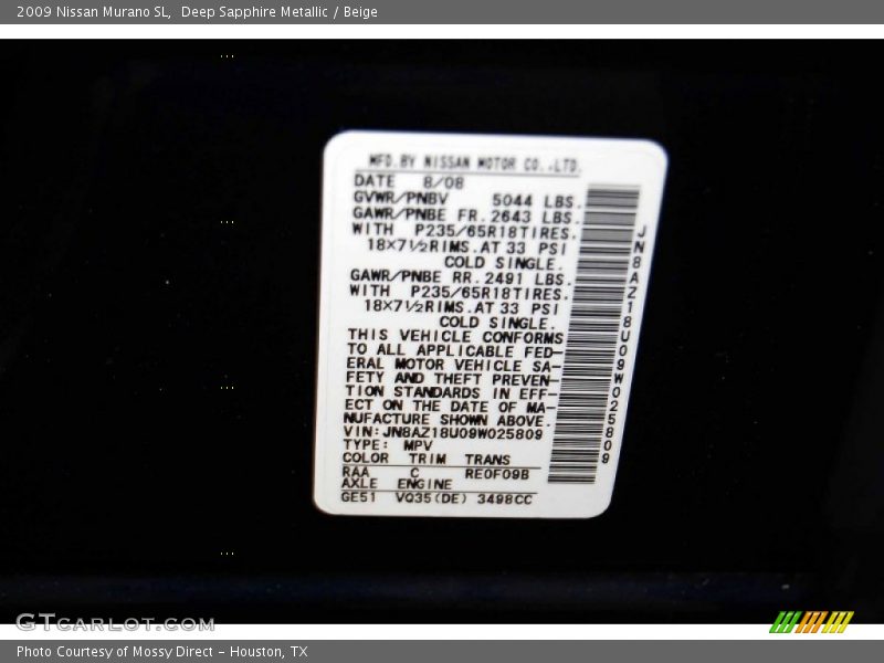 Deep Sapphire Metallic / Beige 2009 Nissan Murano SL