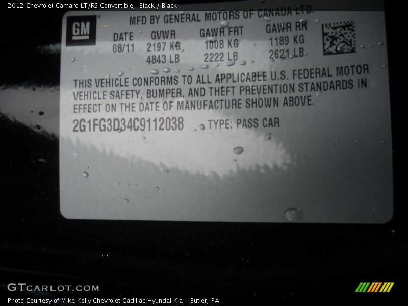 Black / Black 2012 Chevrolet Camaro LT/RS Convertible