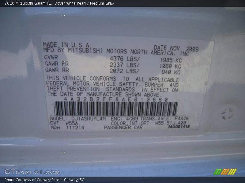 Dover White Pearl / Medium Gray 2010 Mitsubishi Galant FE