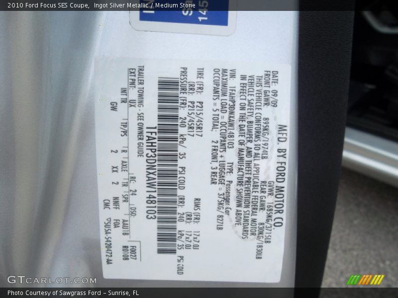 2010 Focus SES Coupe Ingot Silver Metallic Color Code UX