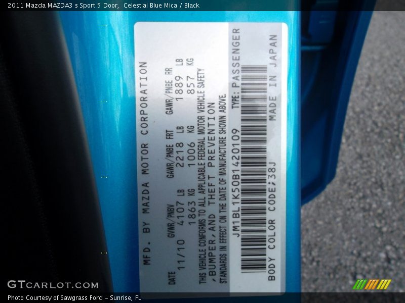 2011 MAZDA3 s Sport 5 Door Celestial Blue Mica Color Code 38J