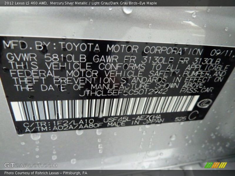 2012 LS 460 AWD Mercury Silver Metallic Color Code 1F2