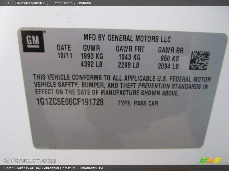 Summit White / Titanium 2012 Chevrolet Malibu LT