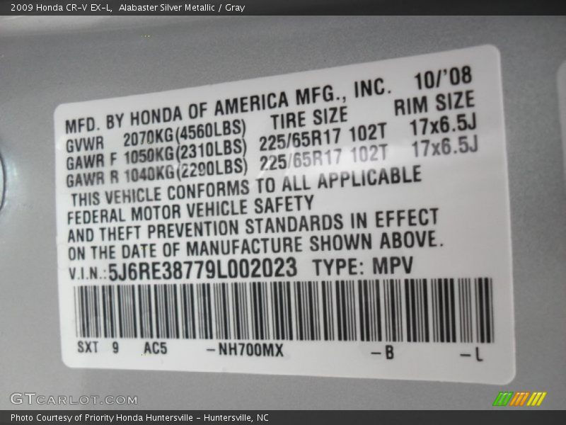 Alabaster Silver Metallic / Gray 2009 Honda CR-V EX-L