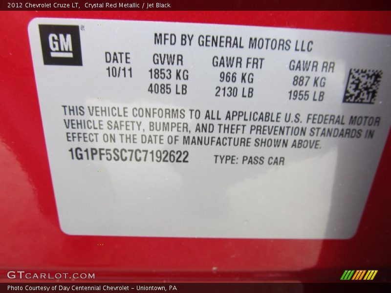 Crystal Red Metallic / Jet Black 2012 Chevrolet Cruze LT