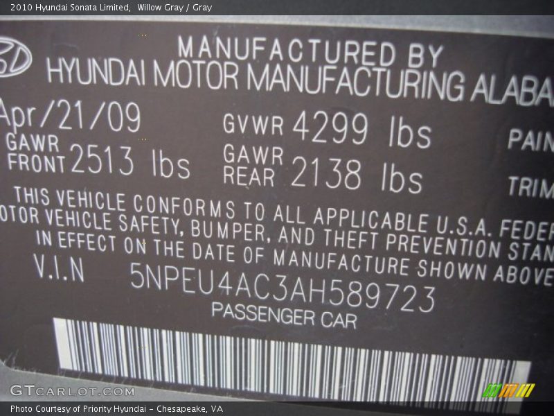 Willow Gray / Gray 2010 Hyundai Sonata Limited