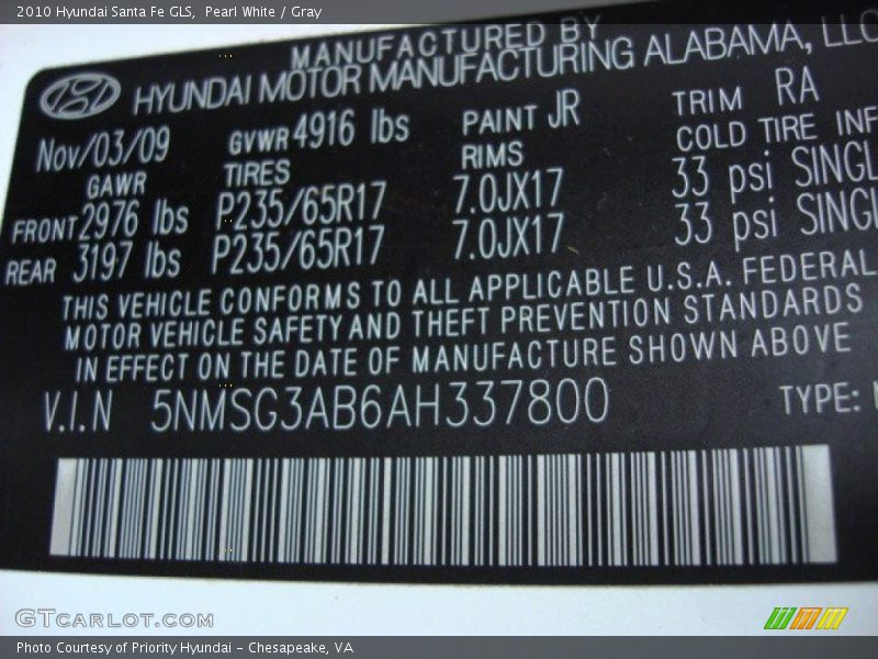 Pearl White / Gray 2010 Hyundai Santa Fe GLS