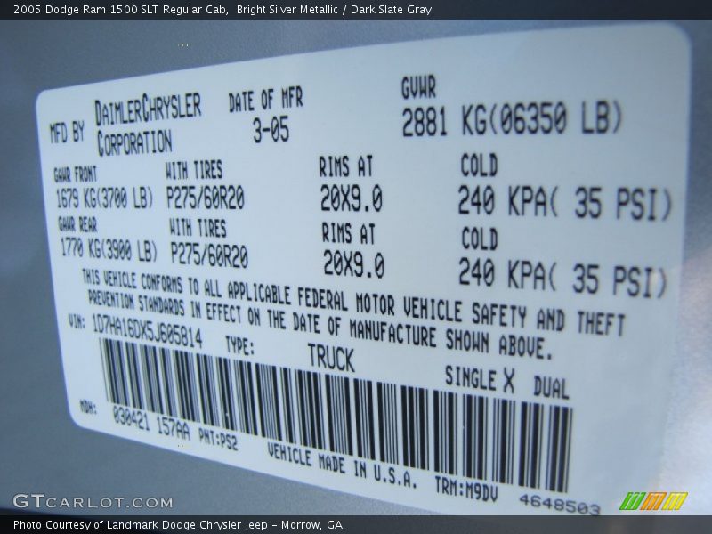 Bright Silver Metallic / Dark Slate Gray 2005 Dodge Ram 1500 SLT Regular Cab