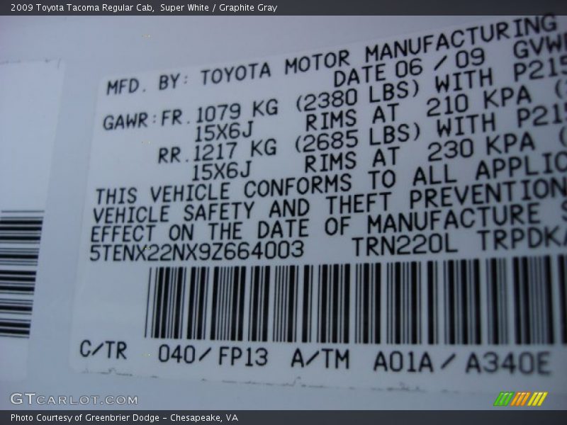 Super White / Graphite Gray 2009 Toyota Tacoma Regular Cab