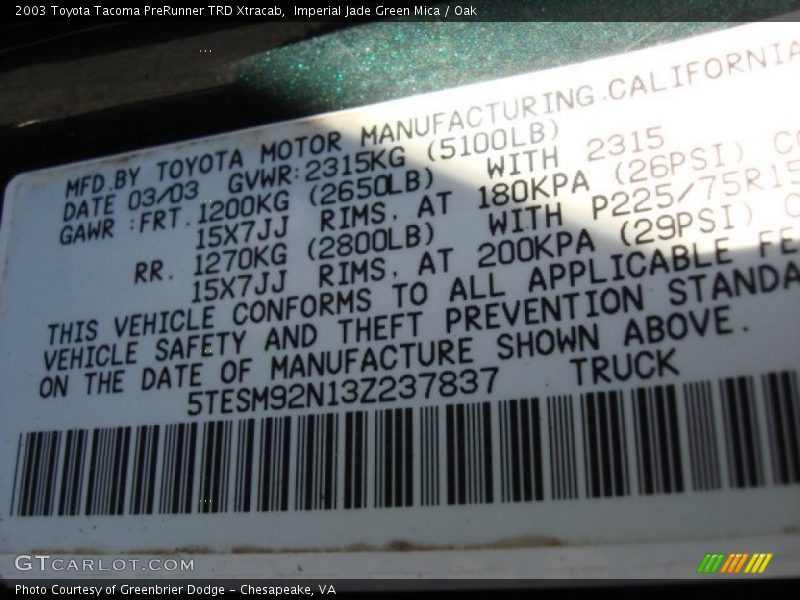 Imperial Jade Green Mica / Oak 2003 Toyota Tacoma PreRunner TRD Xtracab