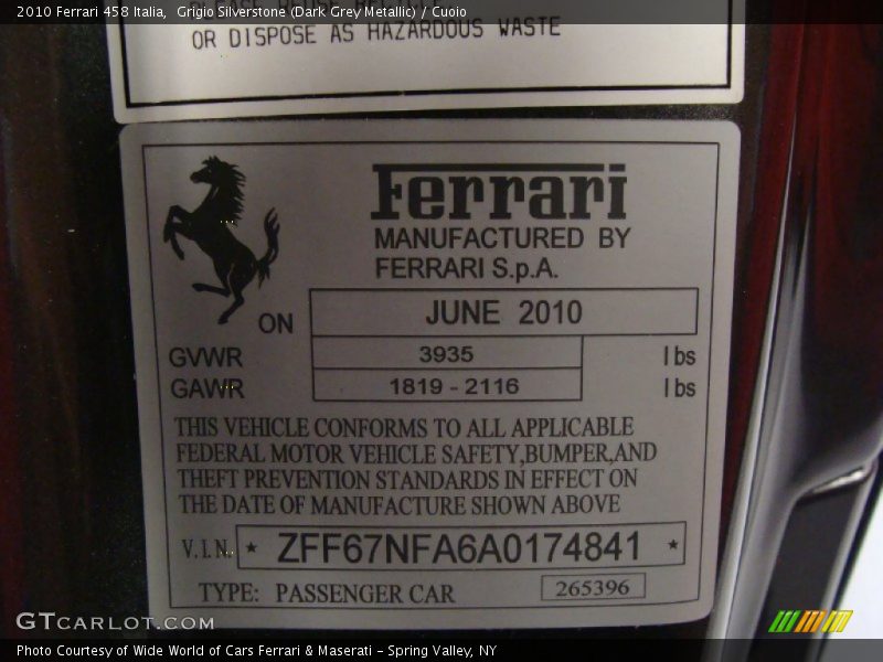 Info Tag of 2010 458 Italia