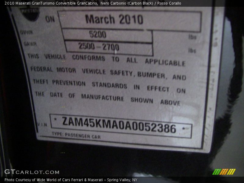 Info Tag of 2010 GranTurismo Convertible GranCabrio