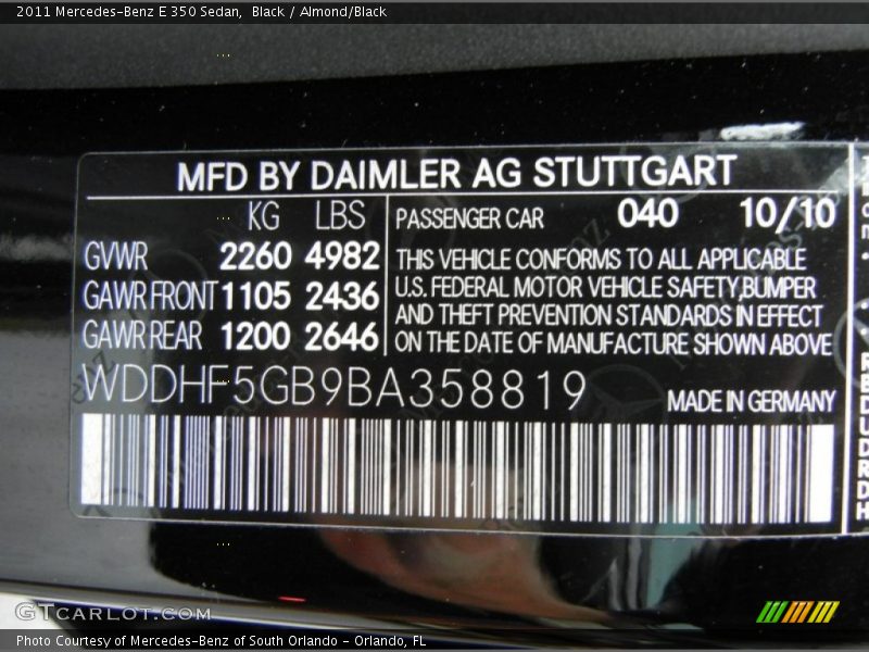 Black / Almond/Black 2011 Mercedes-Benz E 350 Sedan