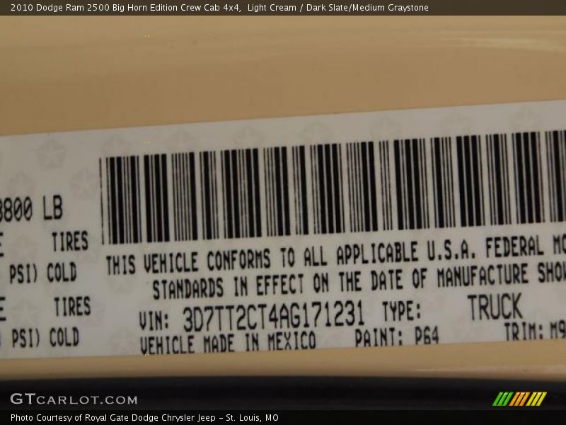 2010 Ram 2500 Big Horn Edition Crew Cab 4x4 Light Cream Color Code P64