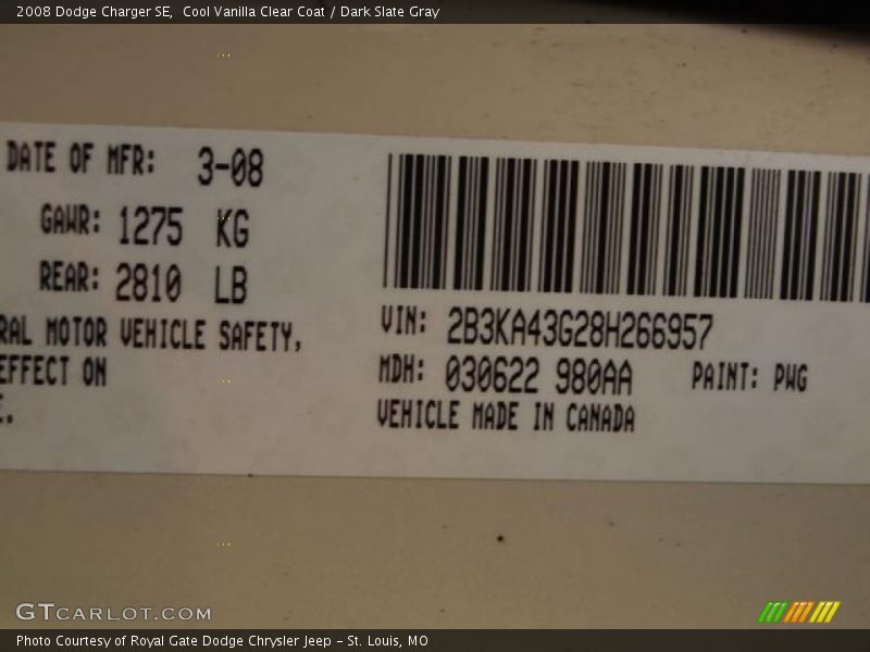 2008 Charger SE Cool Vanilla Clear Coat Color Code PWG