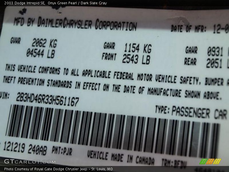 Onyx Green Pearl / Dark Slate Gray 2003 Dodge Intrepid SE