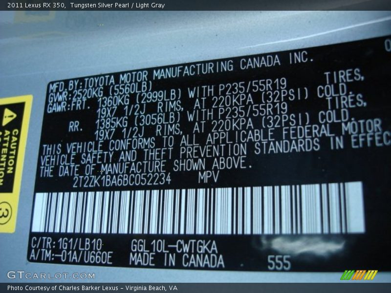 2011 RX 350 Tungsten Silver Pearl Color Code 1G1
