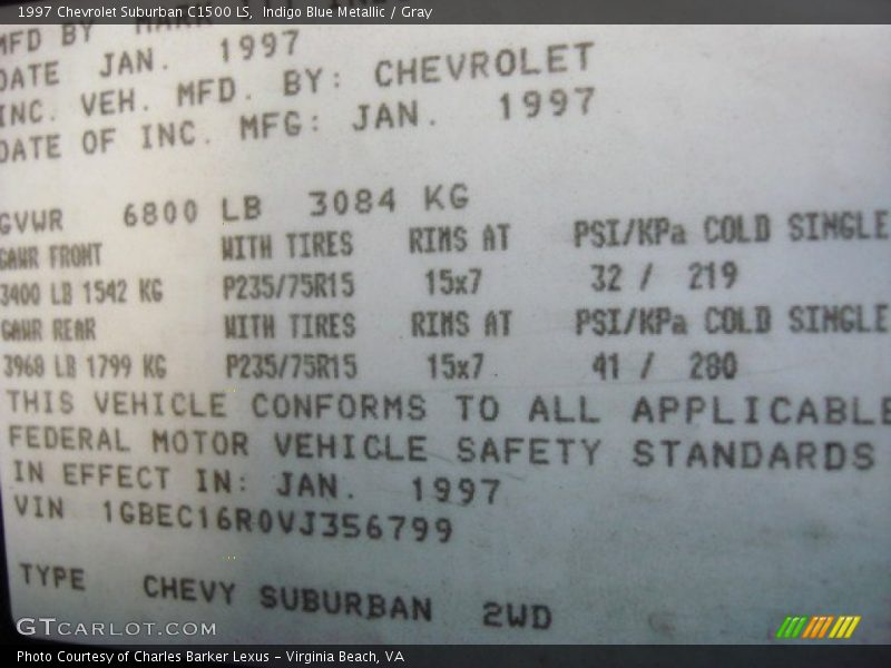 Info Tag of 1997 Suburban C1500 LS