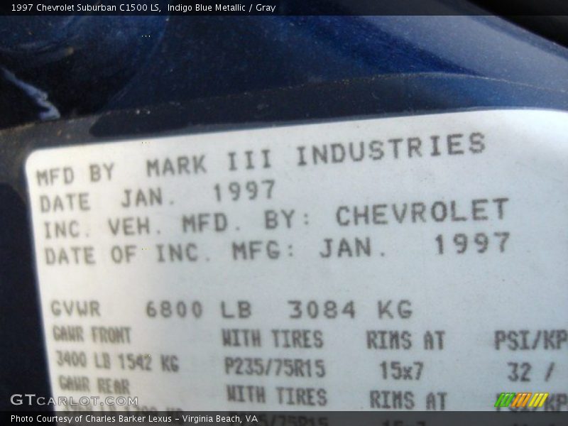 Info Tag of 1997 Suburban C1500 LS