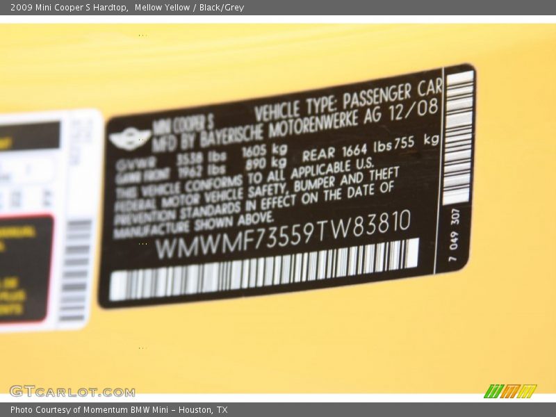 Mellow Yellow / Black/Grey 2009 Mini Cooper S Hardtop