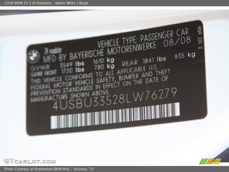 Alpine White / Beige 2008 BMW Z4 3.0i Roadster
