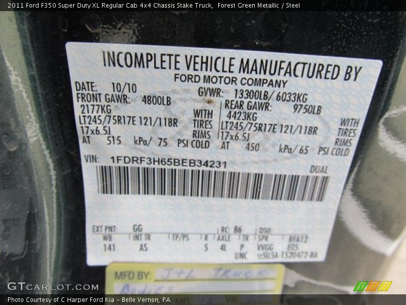 2011 F350 Super Duty XL Regular Cab 4x4 Chassis Stake Truck Forest Green Metallic Color Code GG