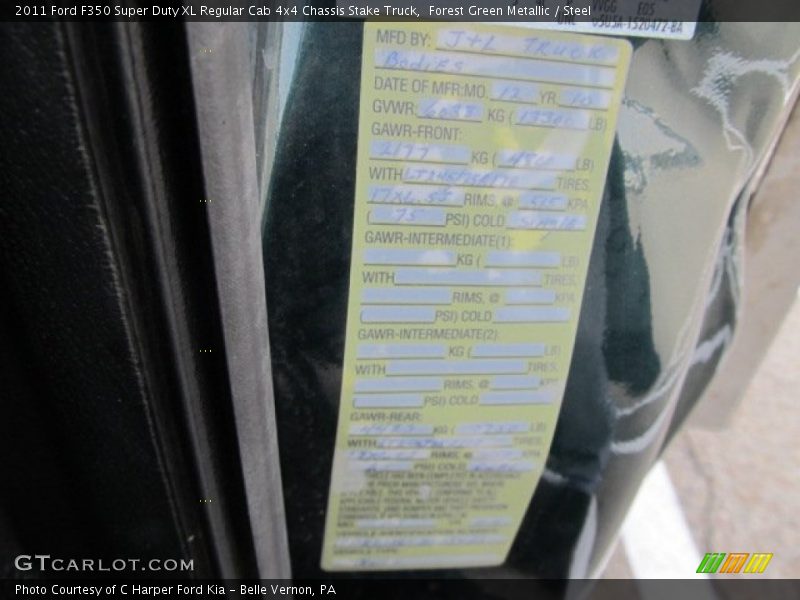 Info Tag of 2011 F350 Super Duty XL Regular Cab 4x4 Chassis Stake Truck