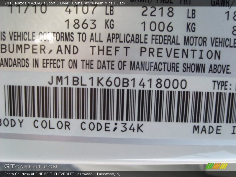 Crystal White Pearl Mica / Black 2011 Mazda MAZDA3 s Sport 5 Door