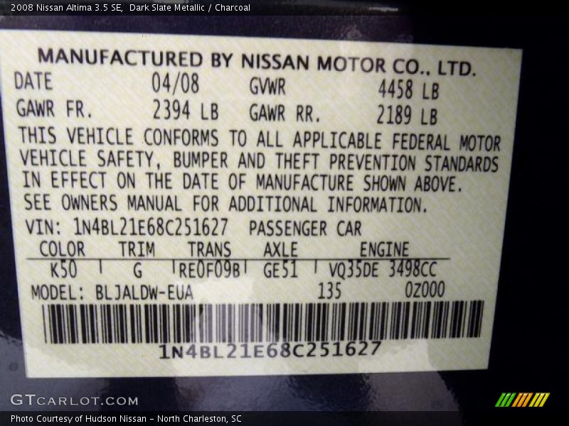 Dark Slate Metallic / Charcoal 2008 Nissan Altima 3.5 SE