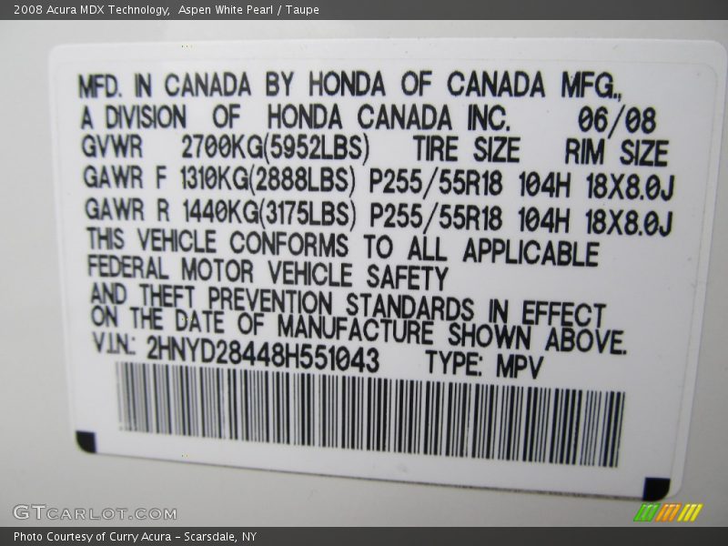 Aspen White Pearl / Taupe 2008 Acura MDX Technology