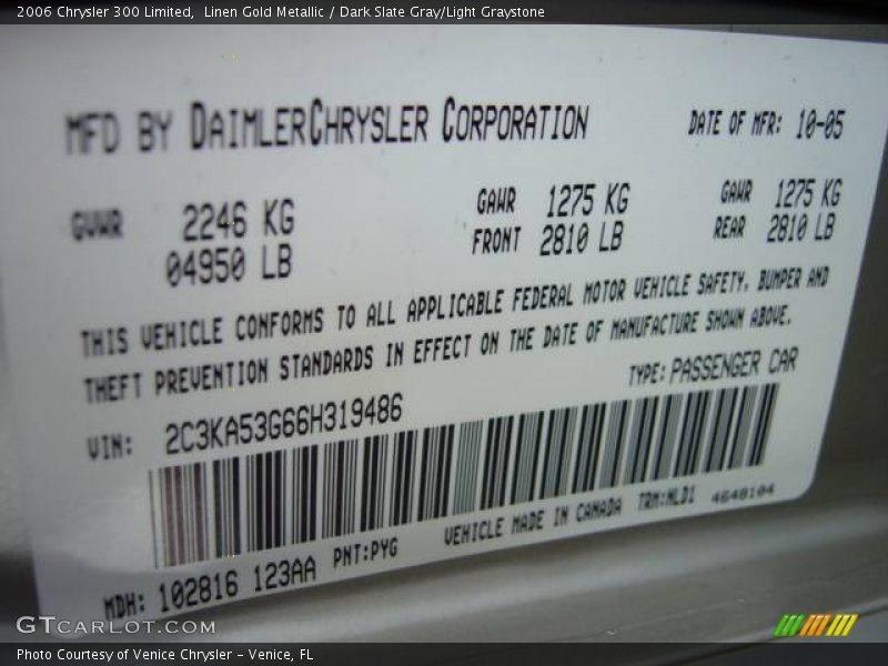 Linen Gold Metallic / Dark Slate Gray/Light Graystone 2006 Chrysler 300 Limited