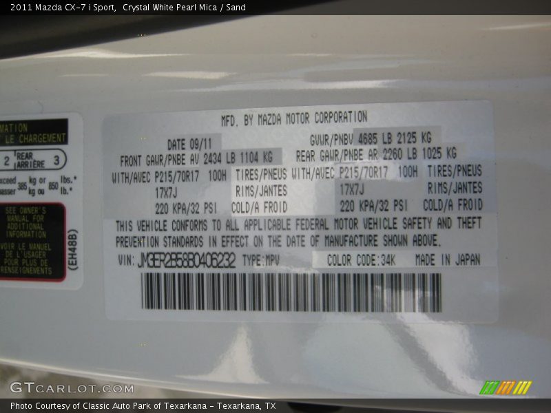 2011 CX-7 i Sport Crystal White Pearl Mica Color Code 34K