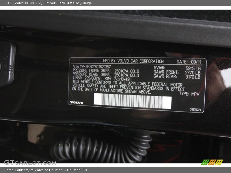 Ember Black Metallic / Beige 2012 Volvo XC90 3.2