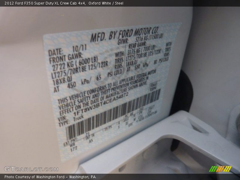 2012 F350 Super Duty XL Crew Cab 4x4 Oxford White Color Code Z1