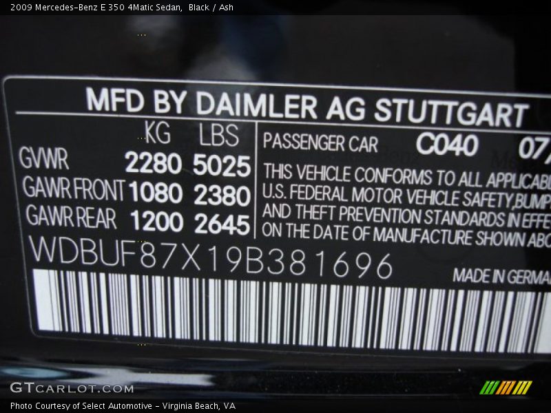 Black / Ash 2009 Mercedes-Benz E 350 4Matic Sedan