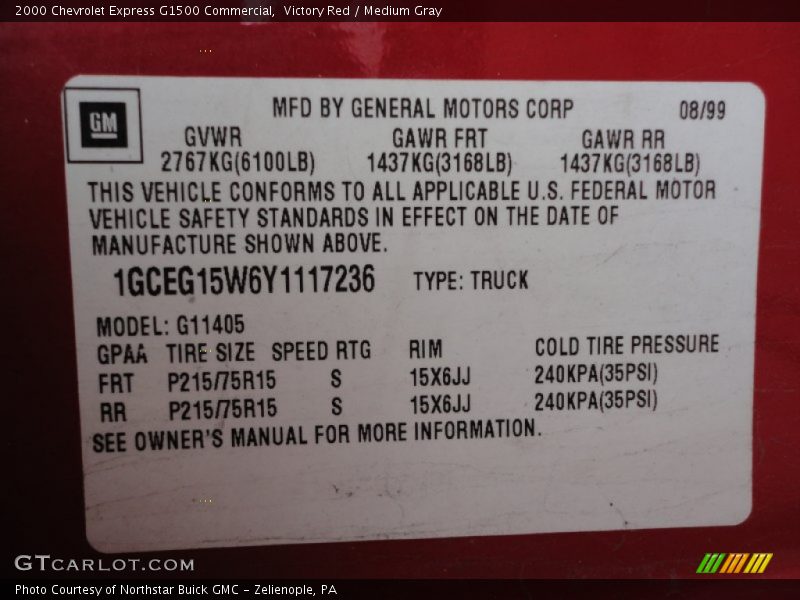 Info Tag of 2000 Express G1500 Commercial